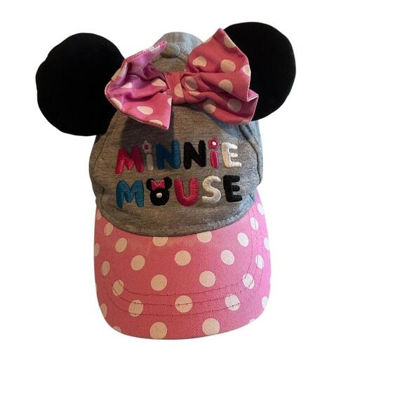Disney Minnie Mouse Spell Out Hat Bow Ears Pink Polka Dot Gray Kids Cap OSFM - Picture 1 of 4